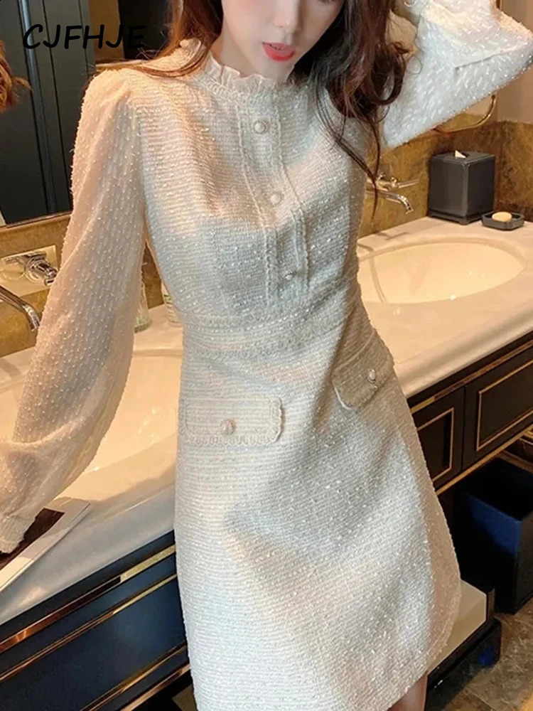 CJFHJE Solid Color Sweet Spring Autumn Korean Elegant Lady Dresses High Street Skinny Ivory Long Sleeve Party Women Tweed Dress 240824