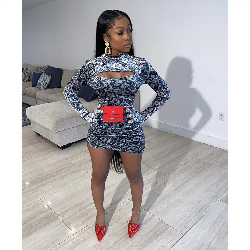 Sexy Women Dollar Printed Long Sleeve Mini Dress Stretch Tight Wrap Hip Dress Bodycon Party Clubwear NightClub Dress 240823