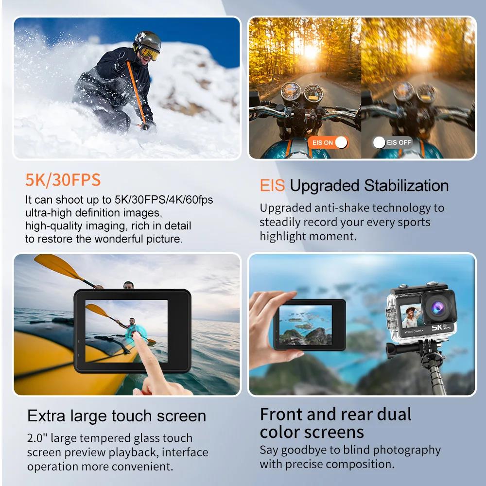 4K 5K Sports Camera 60FPS Anti-shake 30M Waterproof Helmet Video Recording Diving Surfing Camping 1080P Action Cameras with Remote Touch Screen Wi-Fi 