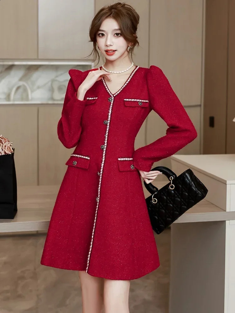 High Quality Red Tweed Dress Women Elegant V-neck Puff Long Sleeve Vintage Woolen Evening Party Dresses Christmas Vestidos 240824