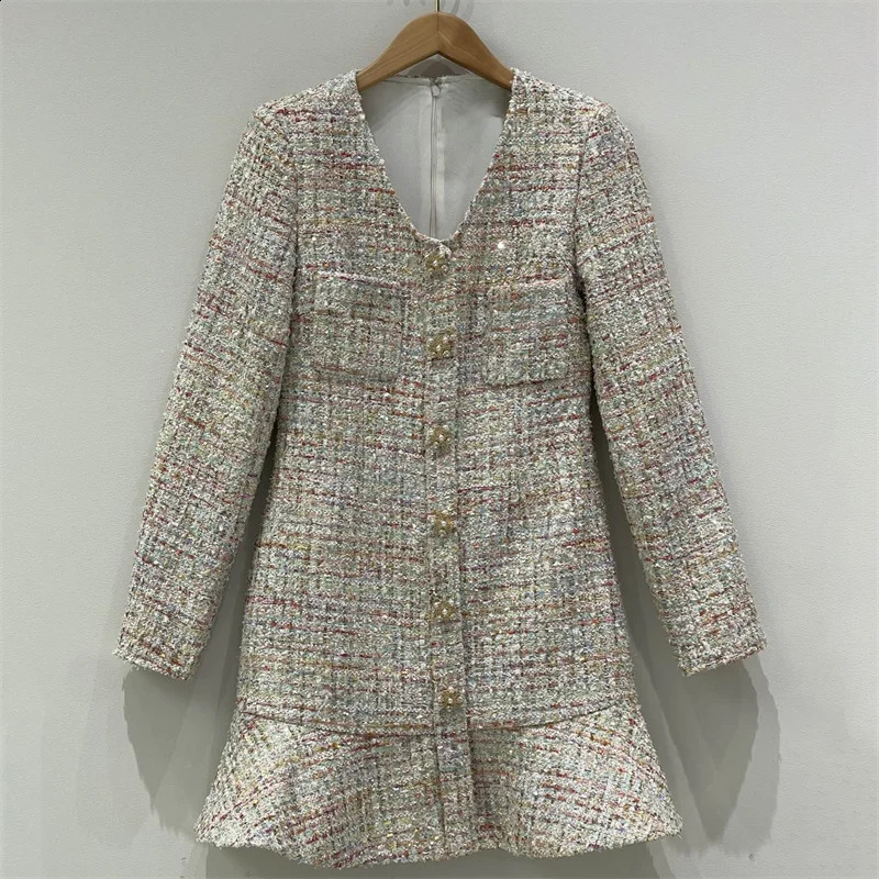 Womens dress Autumn Fashion Button Decorative Long Sleeve Mini Dress Colorful woven tweed Short dresses party dresses 240824