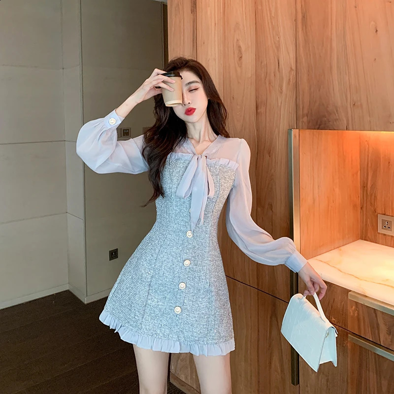 Womens Autumn Fragrant Chiffon Patchwork Tweed Long Sleeved Dress Elegant Party Vestidos 240824