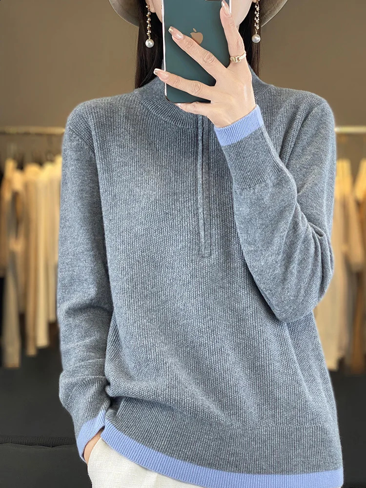 Fashion Women Zipper Mock-neck Pullover 100% Merino Wool Sweater Autumn Winter Casual Warm Color Knitwear Jumper Clothing 240824