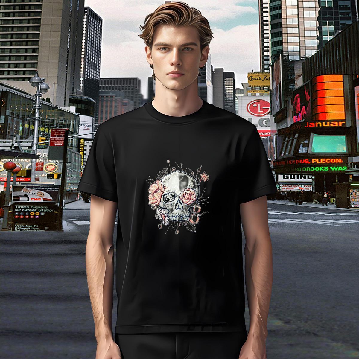 Soft T Shirt For Man 230g Pure Cotton skull Street Casual Anime Print Crew Neck Breathable Men Tshirts Free Shipping Clothes