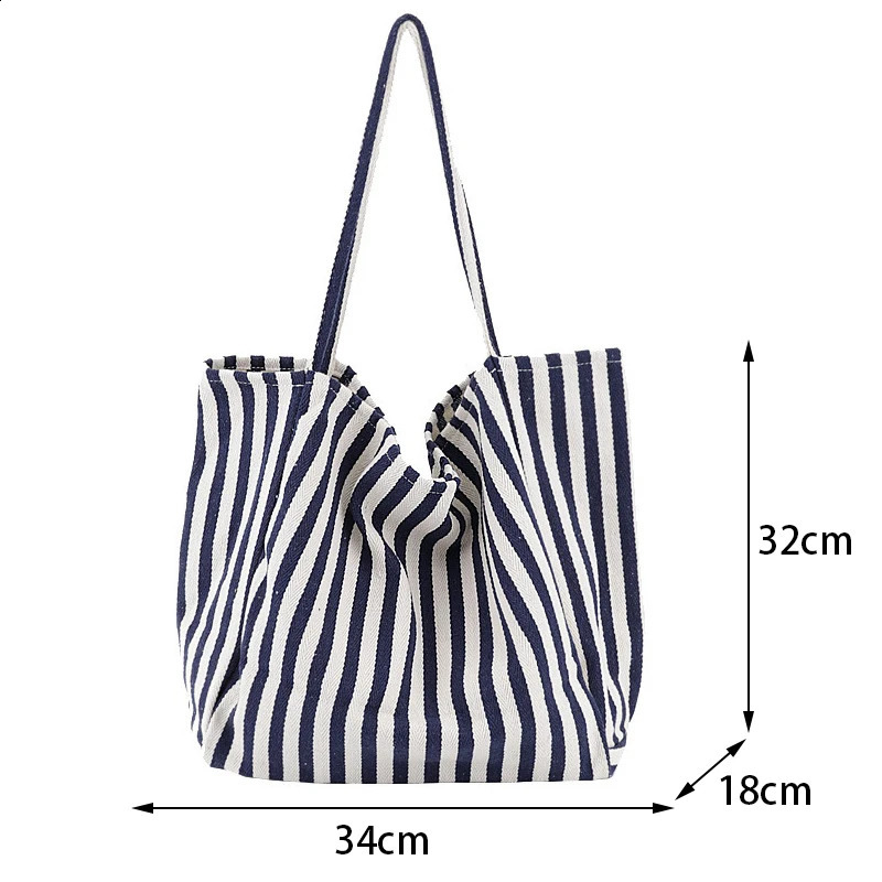 Large capacity canvas womens shopping bag simple striped shoulder casual multifunctional travel handbag 240823