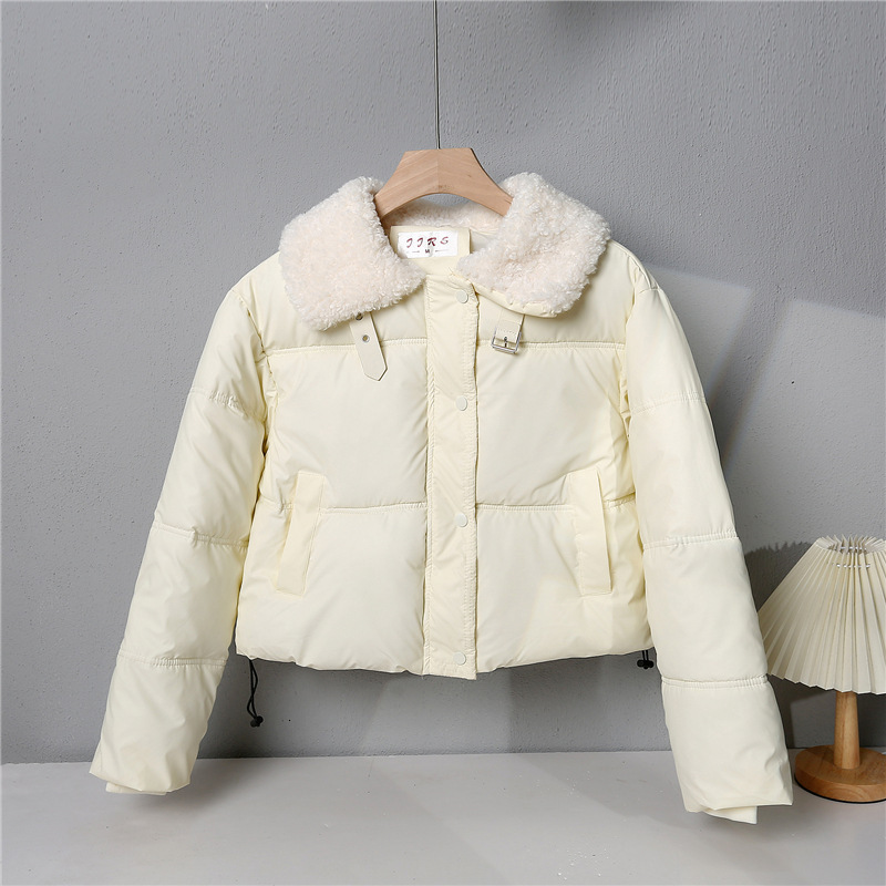 Lamb Wool Wash Free Pu Leather Down Cotton For Women Short Winter Thick Stand Up Bread Small Fur Collar Jacket B4