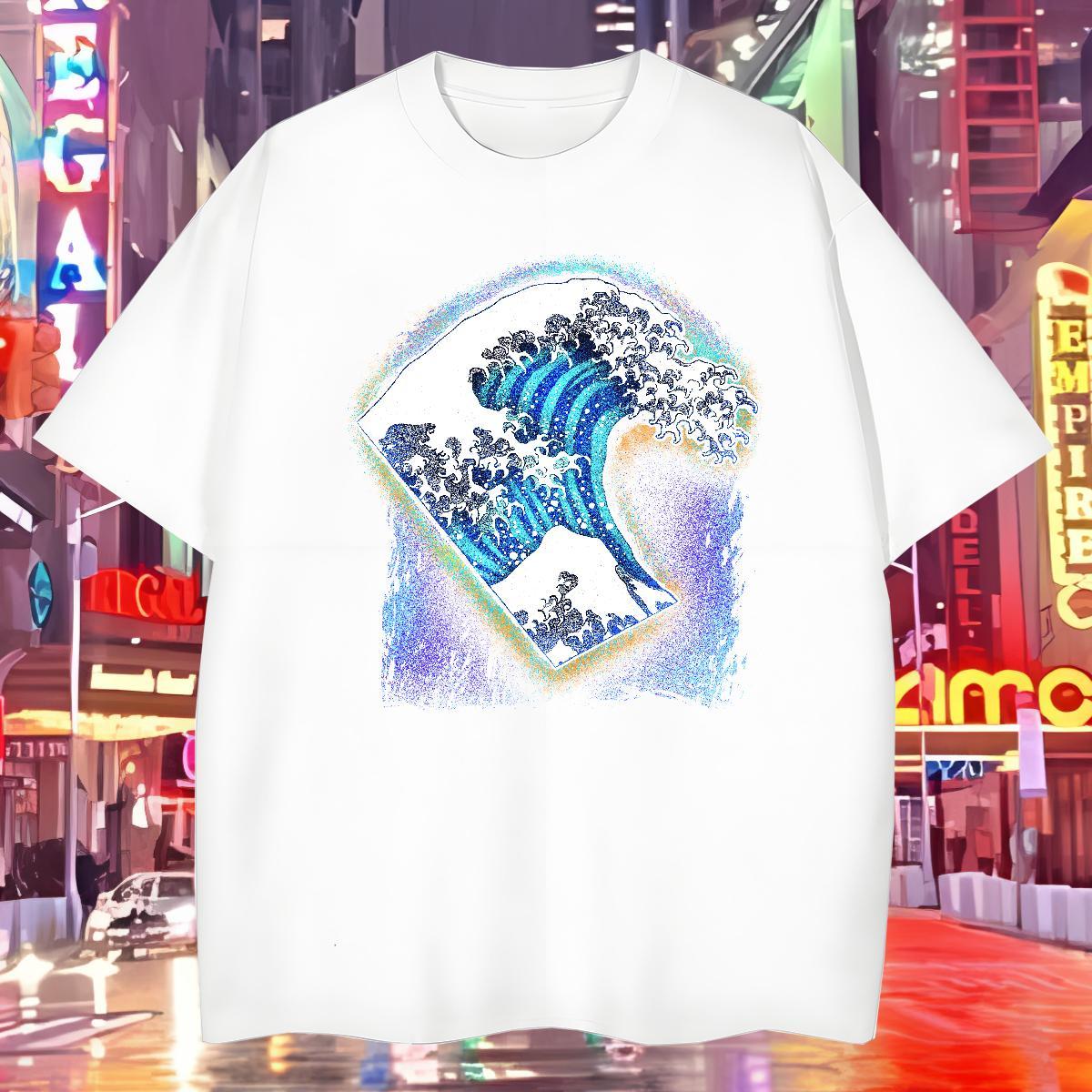 Soft Mens T Shirts 230g Pure Cotton sea wave Casual Daily Wear Anime Print Breathable Soft Mens Tshirts Classic Tops
