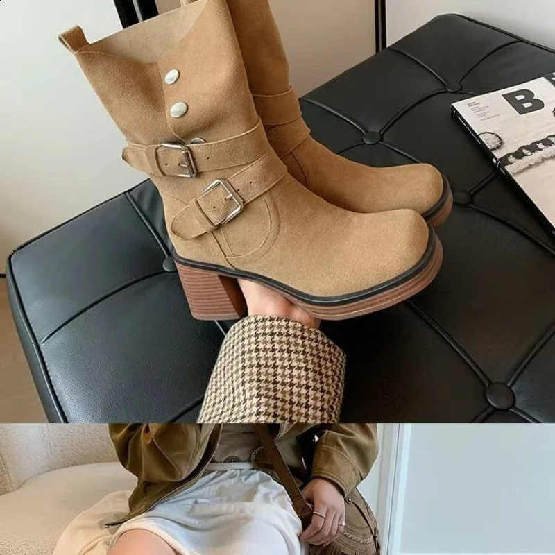 Womens warm boots Western style cow leg boots stacked solid frosted pleated shoes and pedal shoes 240823