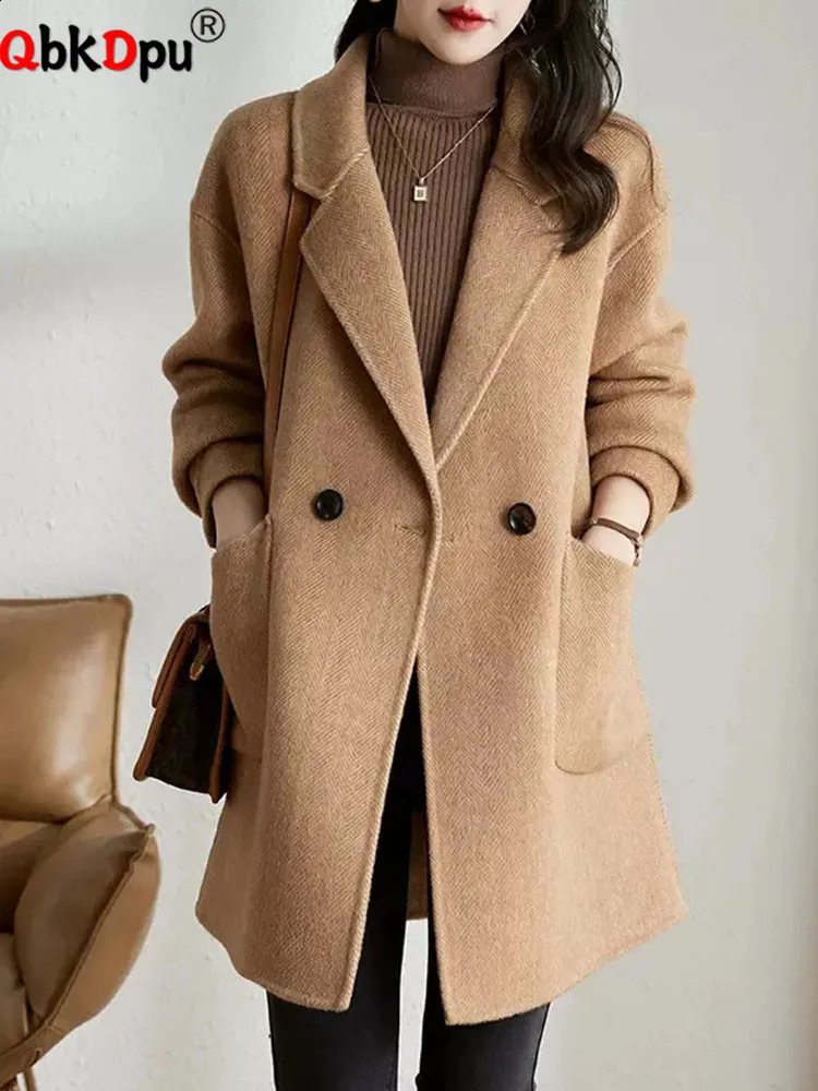 Elegant lapel loose wool jacket top womens casual long sleeved blend blue Korean fashion solid medium length Abrigos 240823