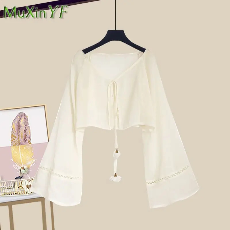 Womens Summer Dress Matching Set Korean Elegant Loose Sunscreen ShirtSling Skirt Two Piece Female Chic Clothing Suit 240823