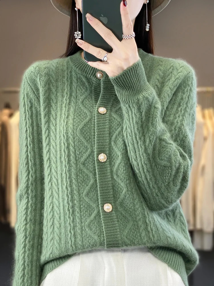 Autumn Winter Thick Sweater For Women 100% Merino Wool Cardigan O-Neck Long Sleeve Twist Flower Warm Cashmere Knitwear Tops 240824