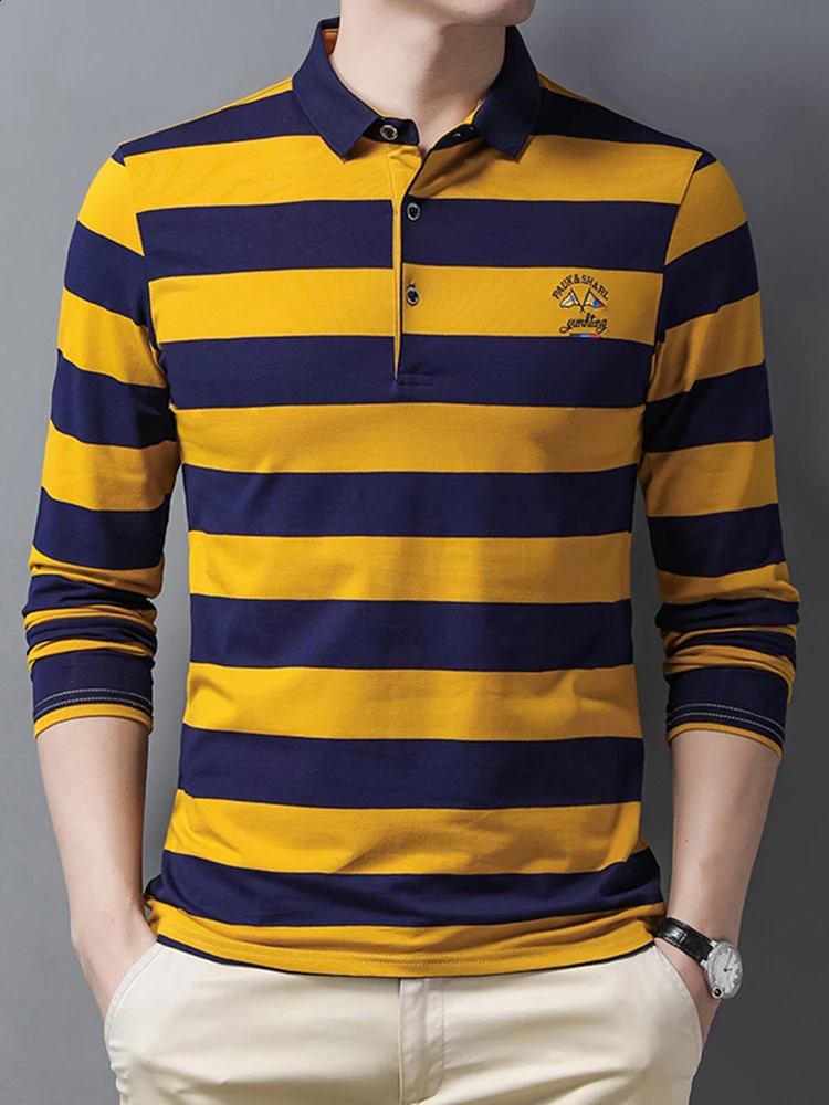 Summer Stripe Embroidery Mens Street Clothing Polo Shirt Cotton Casual Top Fashion Street Long Sleeve Mens Clothing 240824