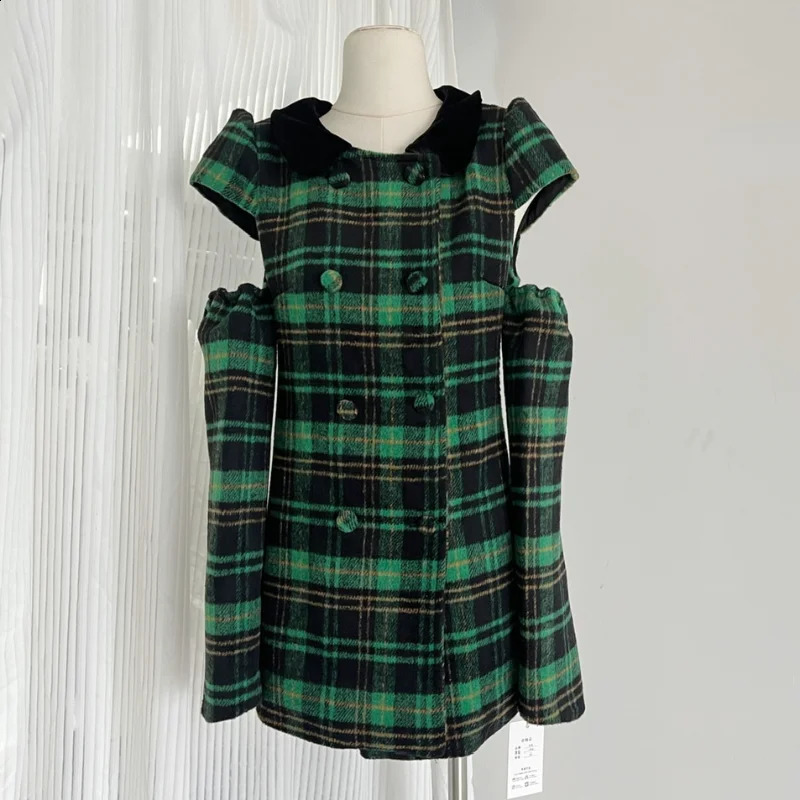 Doll Collar Small Fragrance Sweet White Dress Female Autumn Winter Puff Long Sleeve Detachable Green Plaid Women Tweed Dress 240824