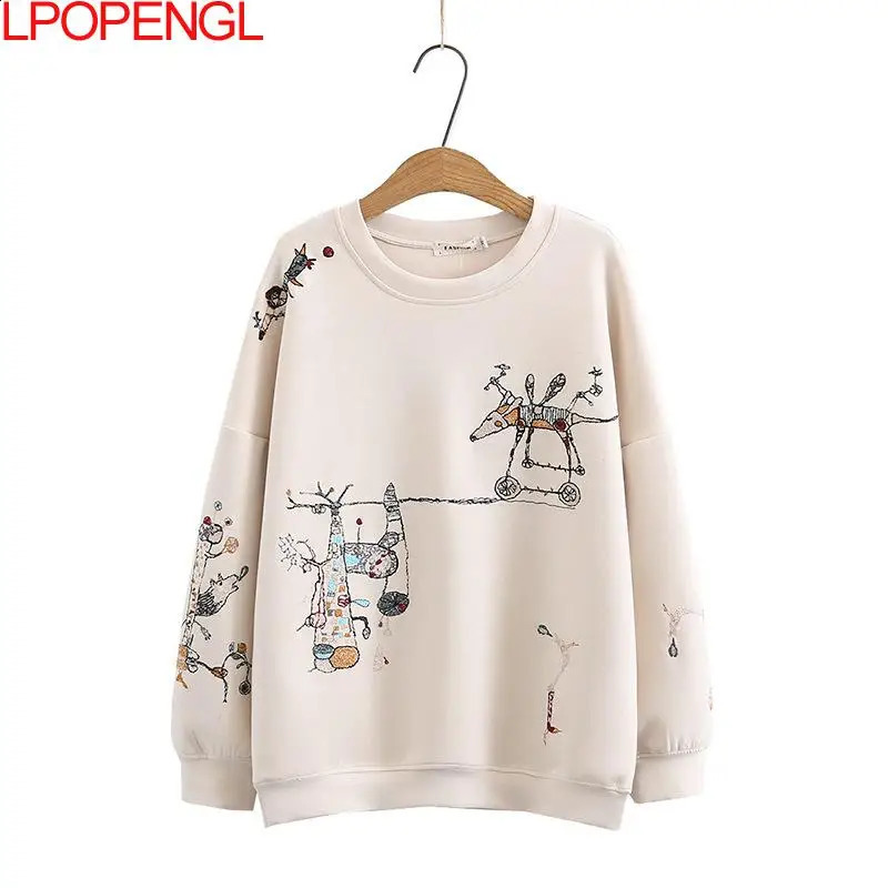 Harajuku Sweatshirt Women Autumn Winter Fashion Casual Stitch-embroidered Long-sleeved O- Neck Breathable Hoodie Top 240824