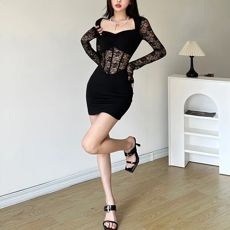Nibber Black Mysterious Sexy Lace Stitching Mature Fishbone Beautiful Sweet Gentle WomenS Winter Long Sleeve Hip Short Dress 240823