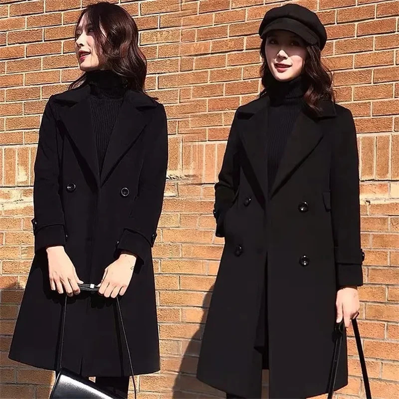 Women Autumn Winter Black Woolen Coat Female Suit Collar Korean Fashion Wool Blend Overcoat Mid Length Add Cotton Warm Jacket 240823