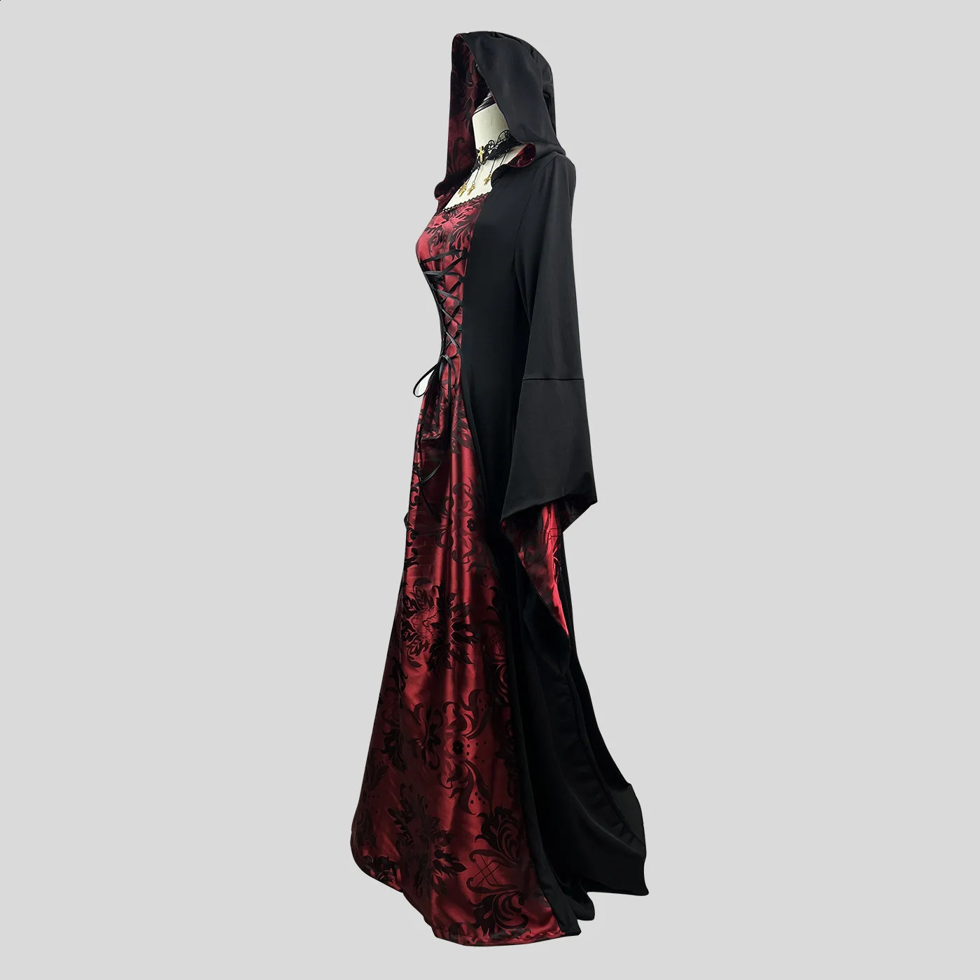 Medieval retro Gothic hoodie witch long leather y womens party dress cosplay Halloween adult costume 240823