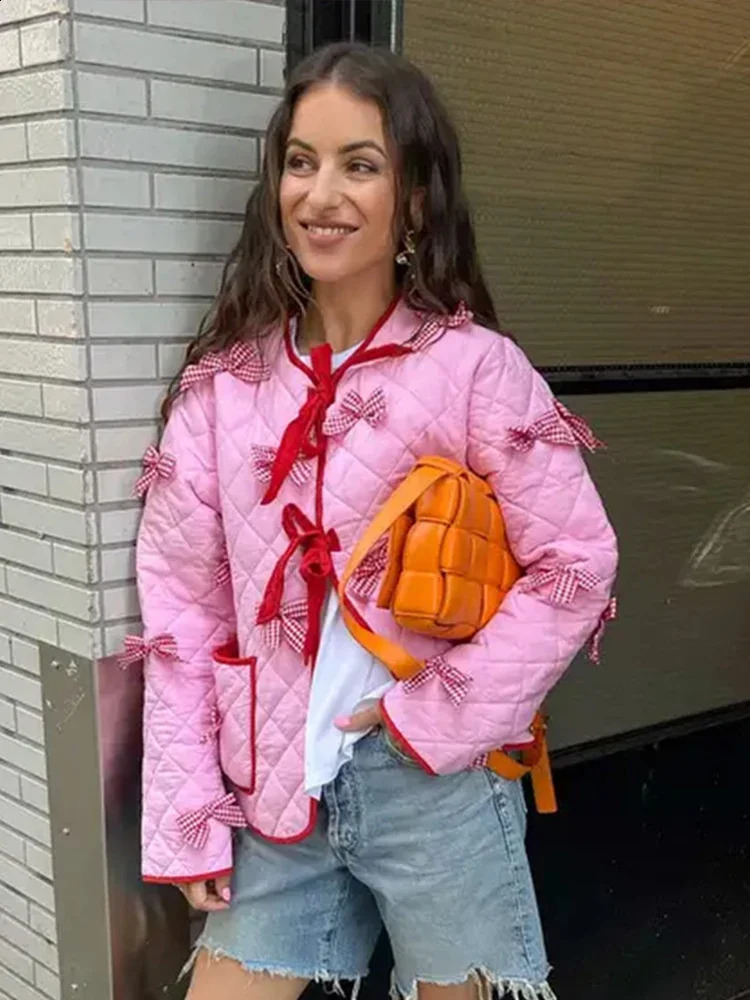 3D bow lace bedding coat autumn fashionable thick Oneck long sleeved pocket womens street warm jacket 240823