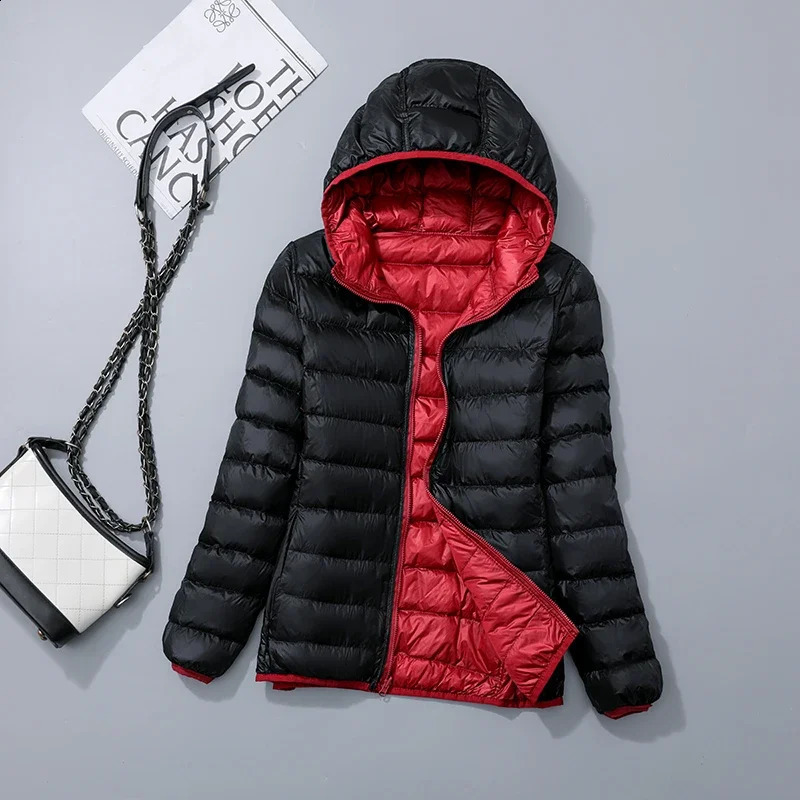 Double sided womens hooded short sleeved down jacket Arrivals Plus size ultra light packaging 240823