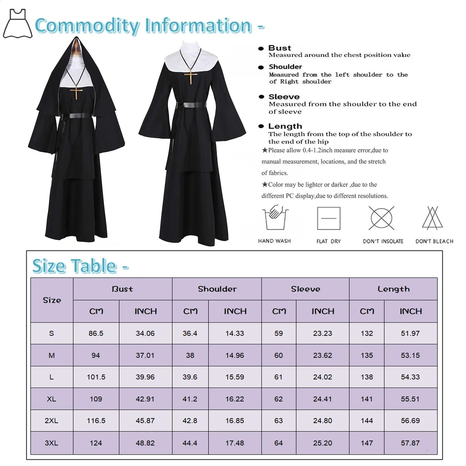 Halloween Nun cosplay costume set of 4 with Cape Town necklace classic trend used for makeup party gifts 240823