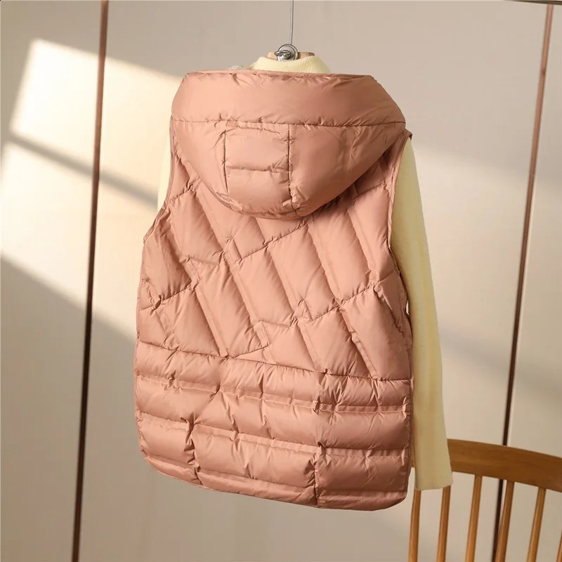 Womens 90% white duck down ultra light sleeveless jacket autumn and winter fashion hooded basic womens warm vest 240823