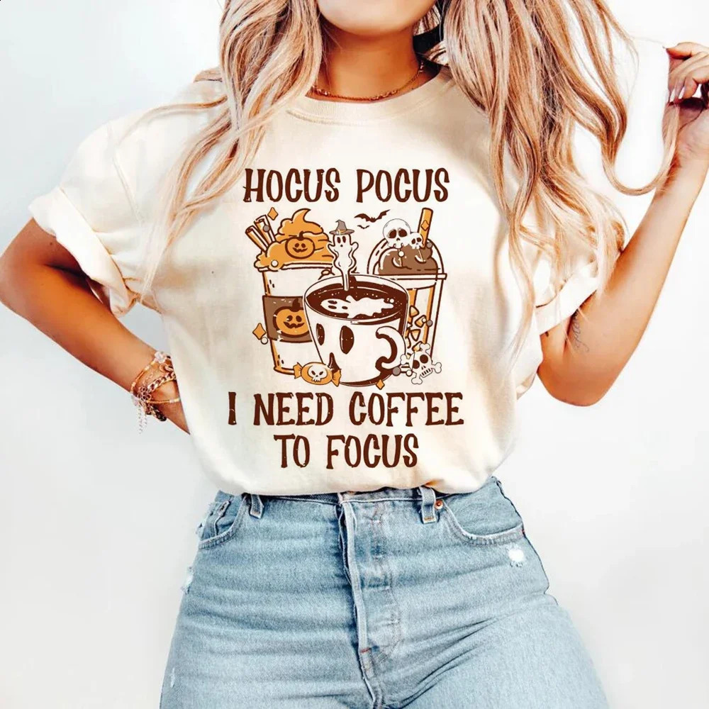 Hocus Pocus I Need Coffee To Focus Cartoon Print Fun Pattern Halloween ONeck Fashion Trendy Style Womens Summer TShirt 240823
