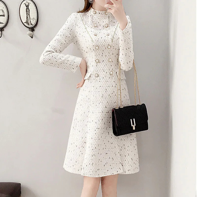 Arrival Fitted Elegant Women Dress Pearl Button Tweed Dress Sexy Split Long Sleeve With Belt Pencil Dress Plus Size S-XXL 240824