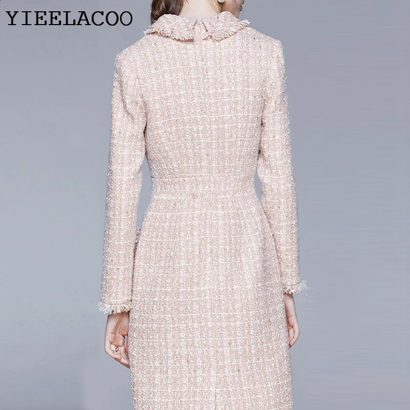 Pink tweed dress spring / autumn womens dress tassel Long sleeved ladies slim bottoming dress one-piece 240824