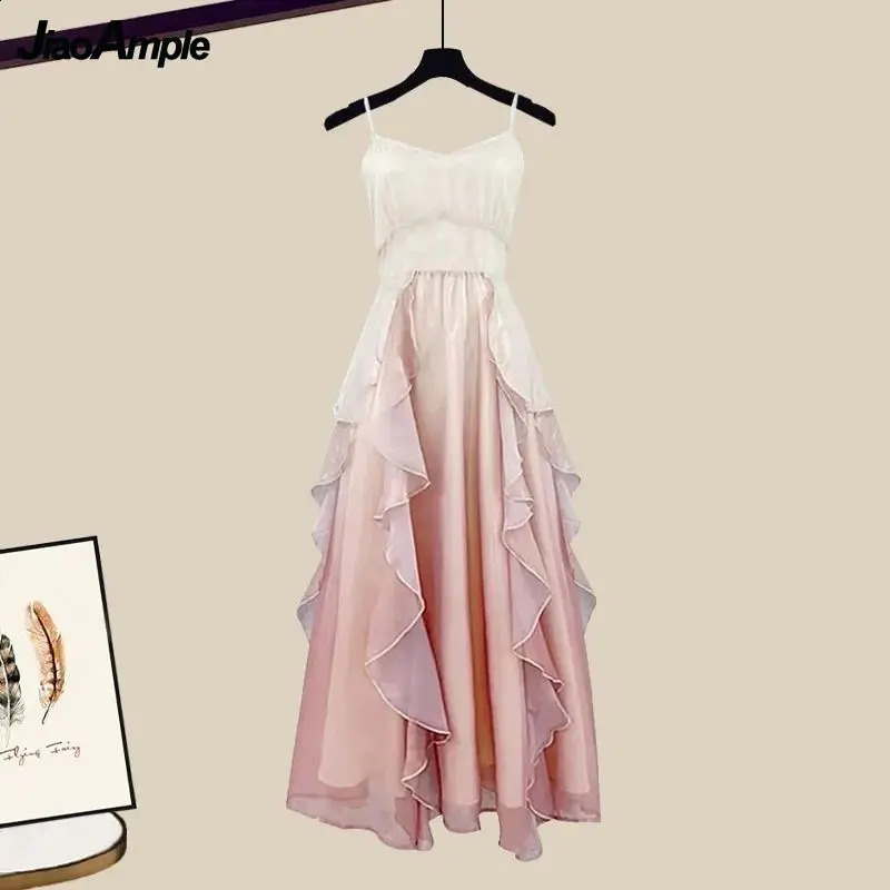 Womens Summer Fashion Short Sleeved ShirtSling Skirt Two Piece Suit Korean Elegant Short Top Dress Matching Set 240823