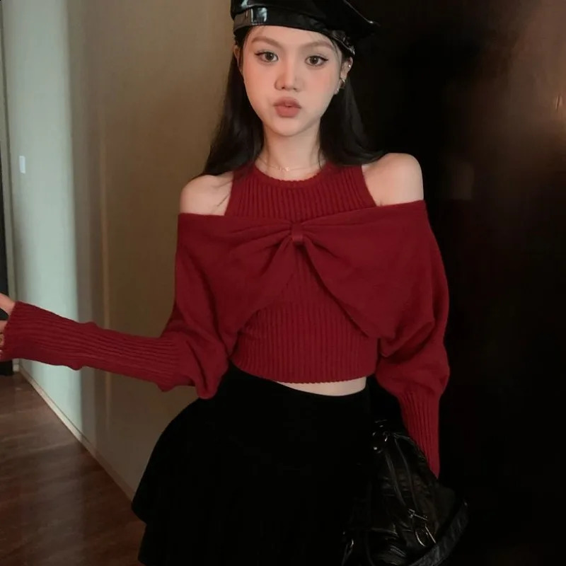 Round Neck Off Shoulder Sweater Women Bow Solid Color Knitted Bat Long Sleeve Short Slim 240824