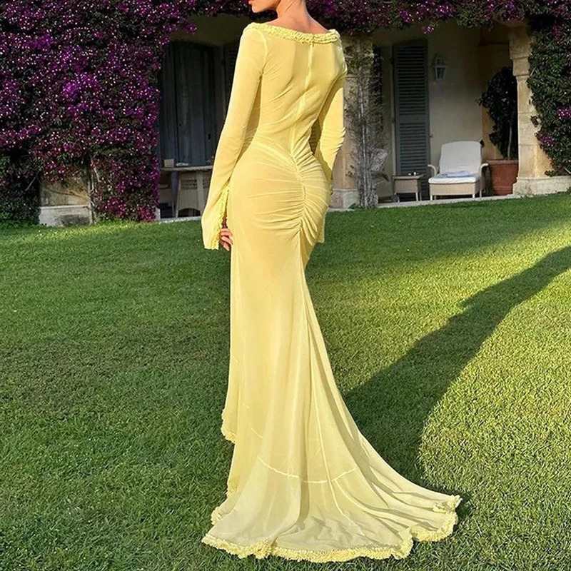 Beach Vacation Sexy Mesh Sheer Women Dress Ruffles Lace Ruched Bodycon Maxi Dress Elegant Hollow V-Neck Splits Long Sleeve Dress 240823