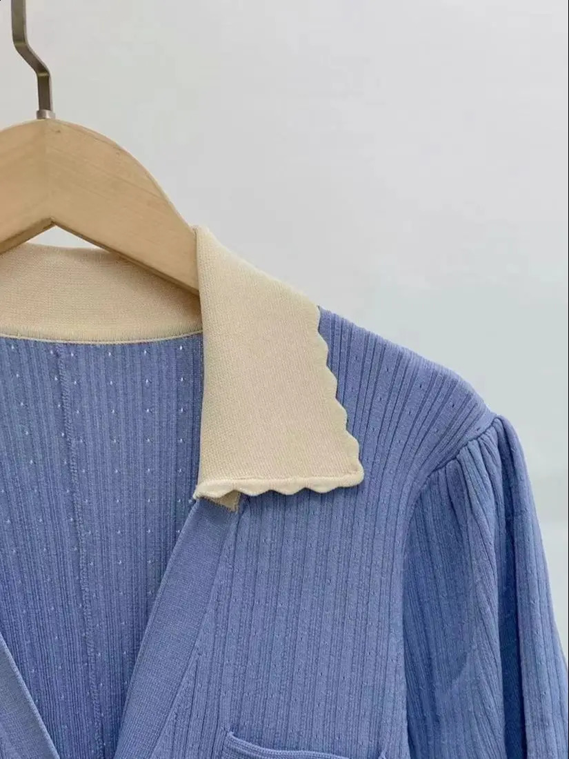 Women Knit Short Puff Sleeve Single Breasted Midi Robe 3 Colors Peter Pan Collar Female Knitwear Long Robe Early Autumn 240824