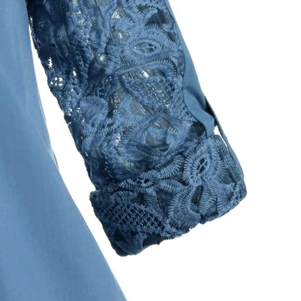 Women Casual Ladies solid color Turn Down Collar lapel long-sleeved lace stitching single-breasted office top shirt 240823