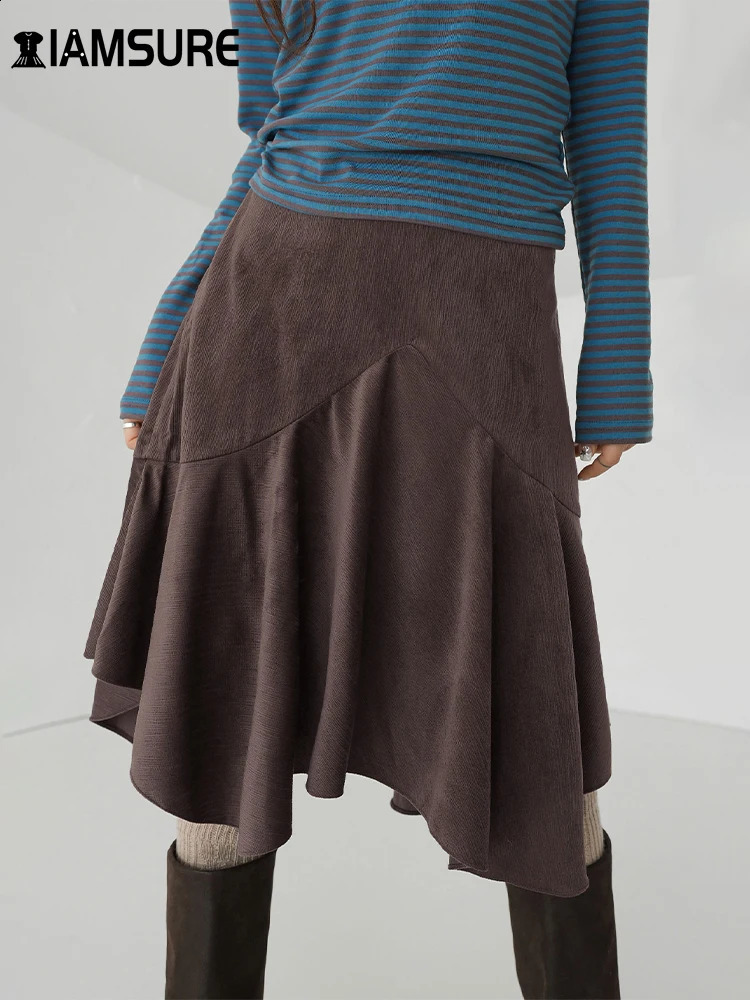 IAMSURE Casual Solid Asymmetrical Skirt Elegant Fashion Basic High Waisted Midi Skirts Women Autumn Spring Ladies 240824