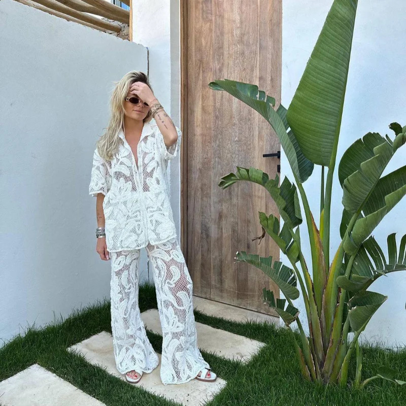 Fashion Knitted Hollow Out Shirt Pants Set Women Elegant Lapel Half Sleeve Top Straight Suit 2024 Lady Vacation Outfit 240819