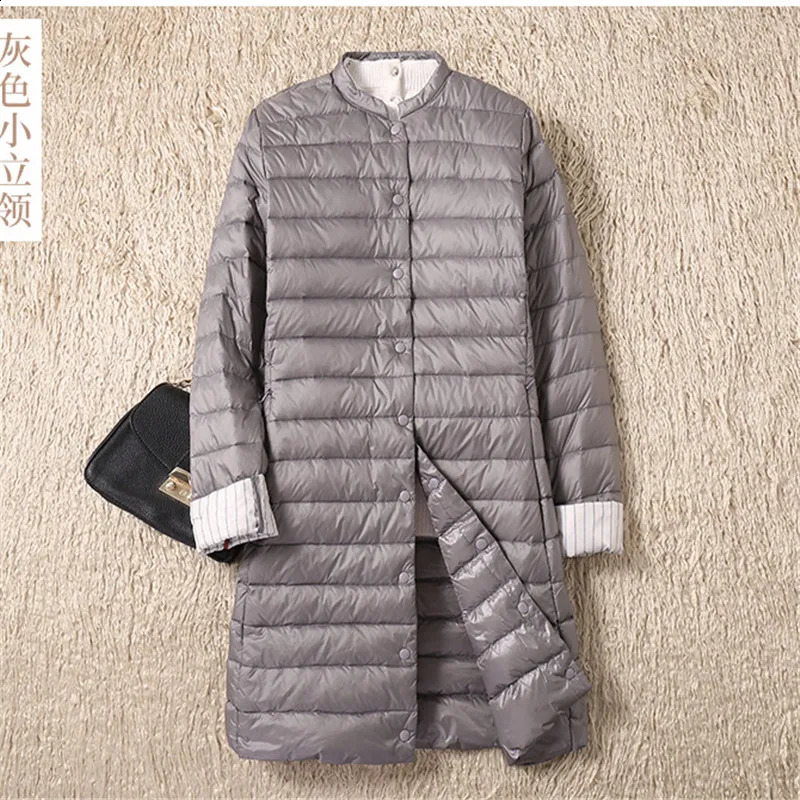 Womens Single Chest Midi Long Coat Autumn Ultra Light Down Jacket Parka White Duck SE593 240823