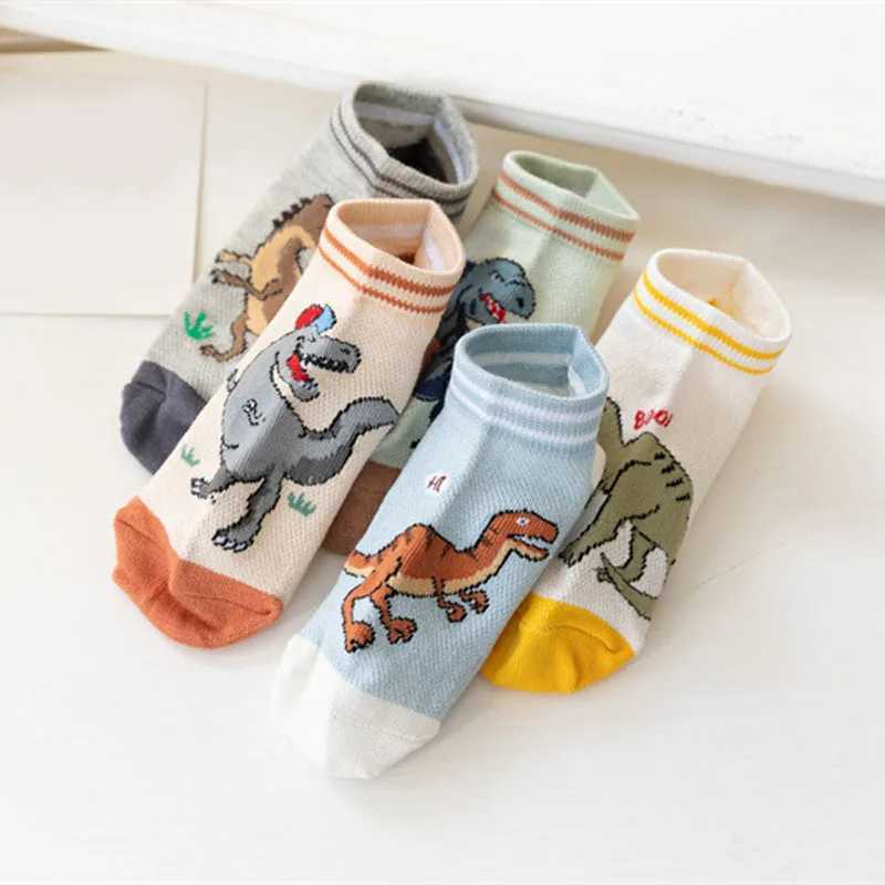 5 Pairs Boys Dinosaur Pattern Socks Comfortable Breathable Casual Soft Kids Socks CL240825