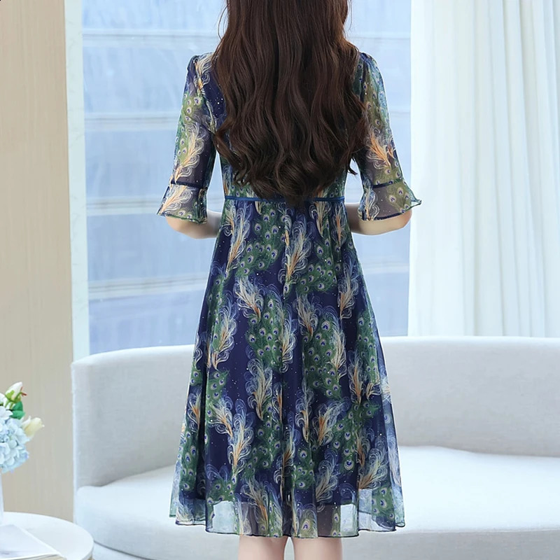 Women Clothing Summer Fashion Print Lace Patchwork with Belt Elegant Dresses V Neck Half Sleeve High Waist Slim Midi Dress 240824