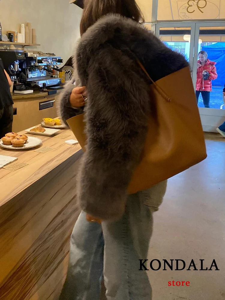Kondala Retro Grey Faux Fur Jacket Womens Oneck Button Long Sleeve Fashion Elegant Thick Coat 240824