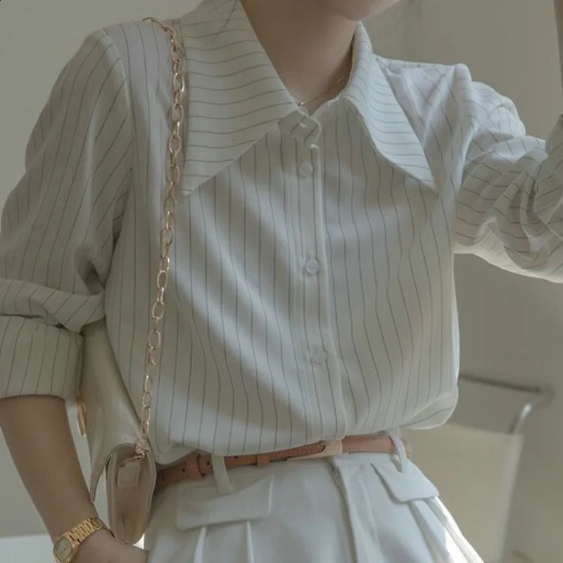 White Elegant Social Womens Shirt Spring and Summer Striped Long Sleeved Shirt Womens Commuting Professional Shirt 240823