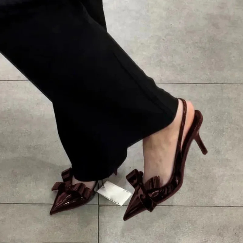 Ladies bow tie high-heeled sandals elegant pointe toe modern wedding suspender shoes summer office shoes 240823