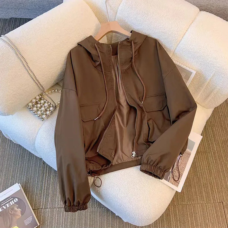 Y2K Autumn Cargo Jackets Women Fashion Loose Streetwear Hooded Zipper Windbreaker Bf Korean Solid Chic All-Match Crop Coats 240823