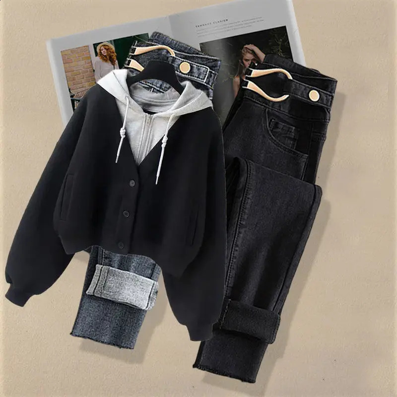 AutumnWinter Set for Women Hepburn Style Two piece Hoodie Loose Sweater Weight Loss Jeans Winter Clothing 240823