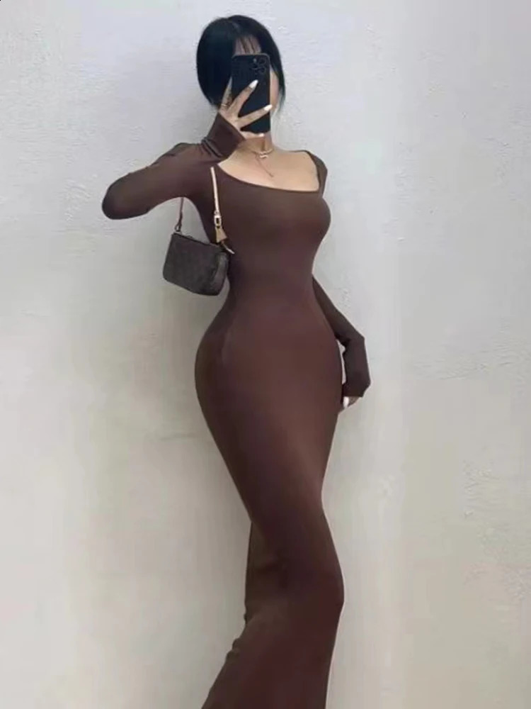 Ribbed Solid Long Sleeve Square Neck Skinny Bodycon Dress Women Autumn Sexy Evening Party Elegant Vestido Ladies Long Dresses 240823