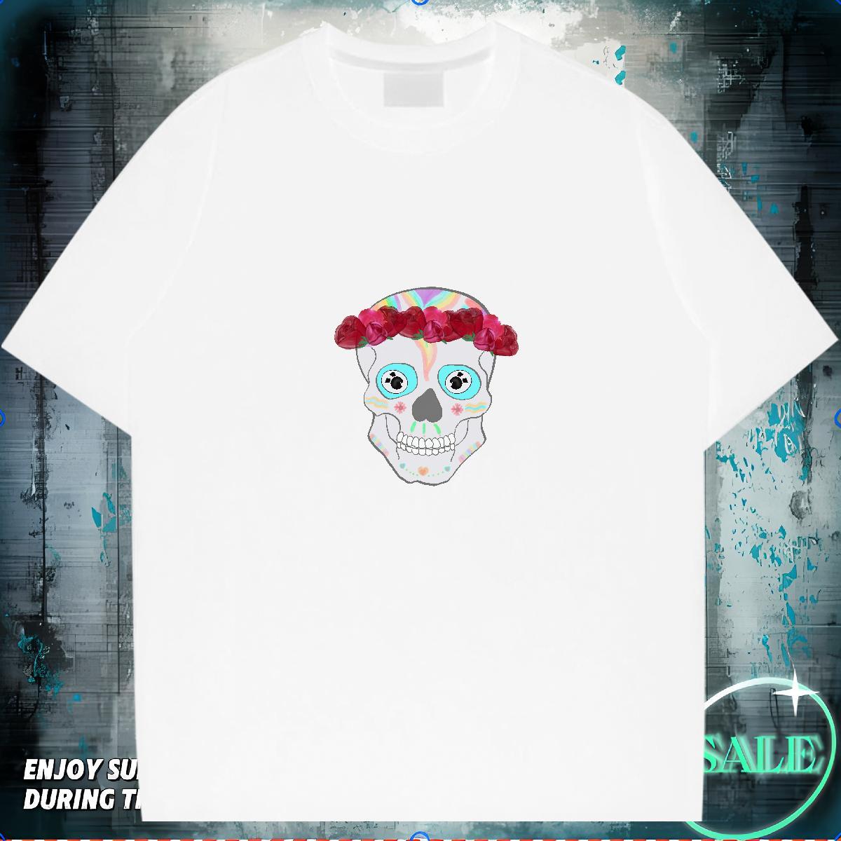 Cool T-Shirts for Men 230g 100% Cotton skull Street Floral Print Breathable Soft Tshirt for Man Woman Casual New Clothes