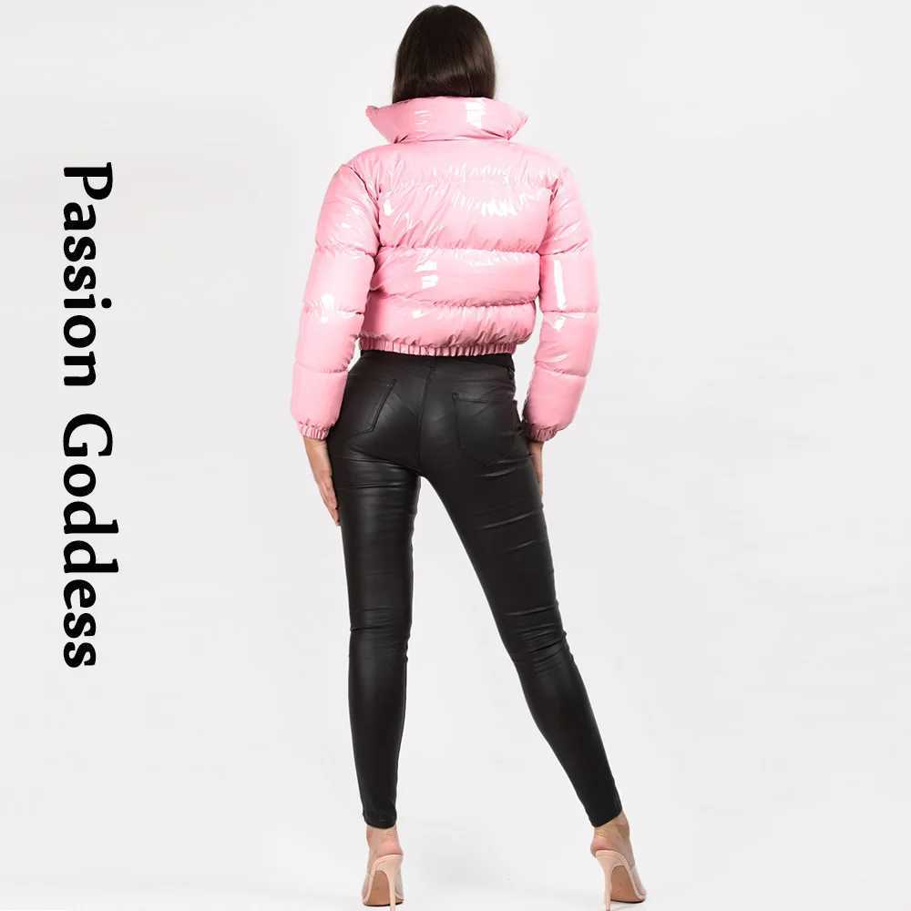 Women's Down Parkas Winter Women Shiny PU Leather Puffer Jackets Warm Thick Bubble Coat Cute Parkas Down Zipper Loose Puffly Cropped Jacket XXL Y