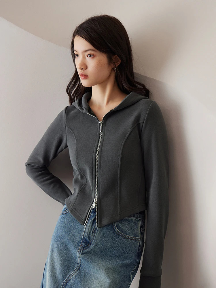 ZIQIAO Women Autumn Dark Grey Hoodies Double Zip Female Cropped Sweatshirt Jackets Short Simple Front Shoulder casual Tops 240824