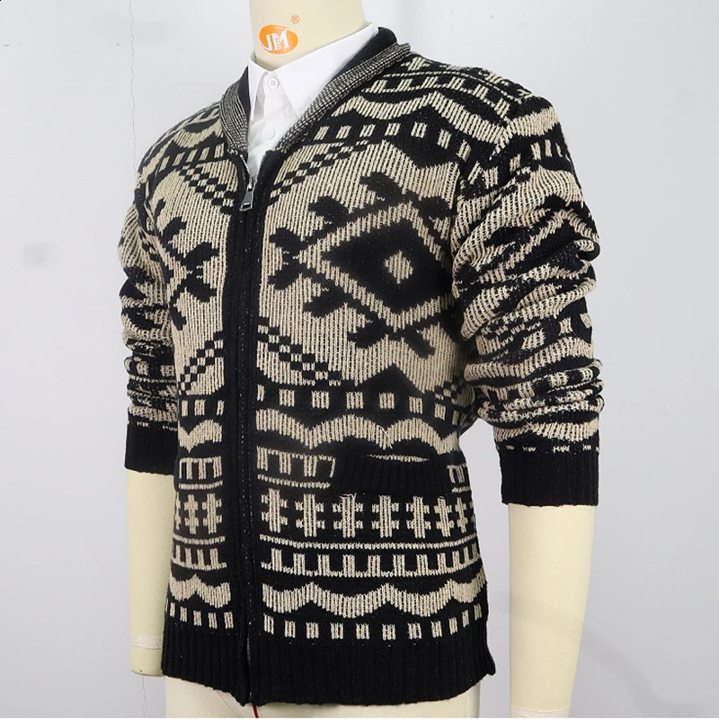 Mens cardigan sweater autumn and winter mens jacquard knitted jacket lapel long sleeved casual fashionable 240824