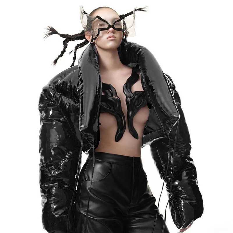 Women's Down Parkas Shiny Silver Leather Puffer Jacket Women Winter Thick High Waist Bandage Bubble Coats Metallic Silver Cardigan Puff Parka Jac
