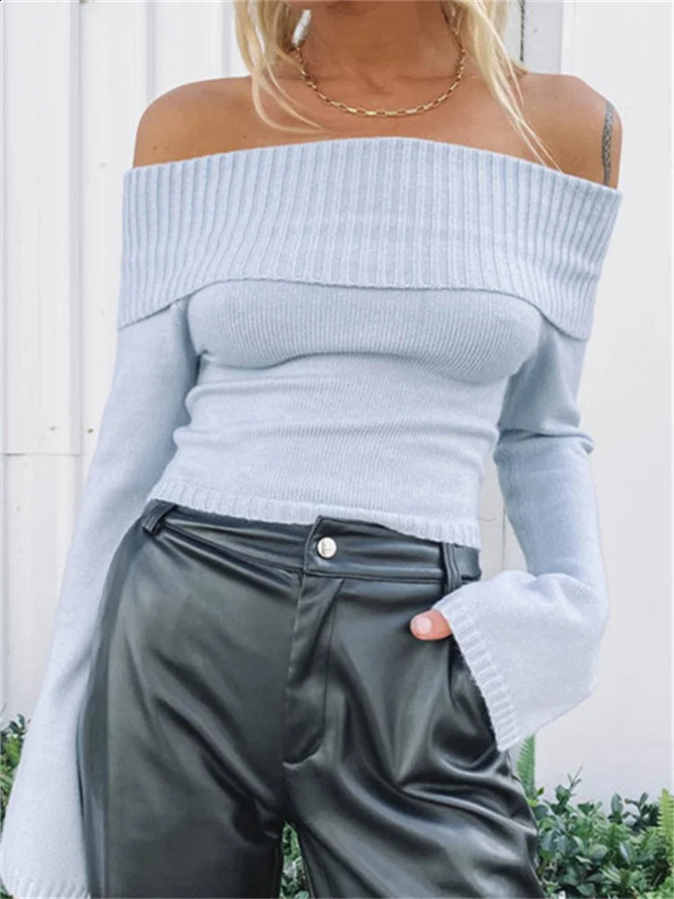 CHRONSTYLE Women Slash Neck Knitted Sweaters Tops Streetwear Long Sleeve Off Shoulder Ribbed Pullovers Slim Fit Causal Jumpers 240824